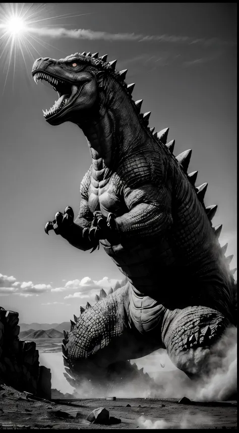 Monochrome image, Godzilla trampling a train, sepia color,More Detail,