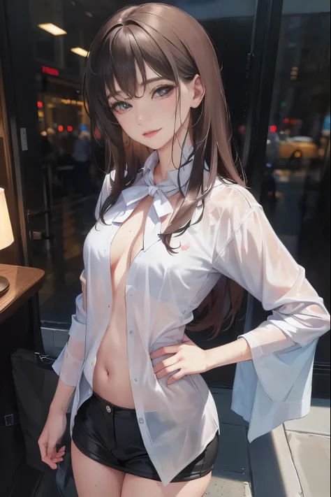 ((Realistic lighting, best quality, 8k, masterpiece: 1.3)), clear focus: 1.2, 1 girl, Perfect body: 1.4, Slim abs: 1.1, ((Dark brown hair)), (white blouse: 1.4), (outdoor, night: 1.1), city street, Super thin face, beautiful eyes, double eyelids,topless，ex...