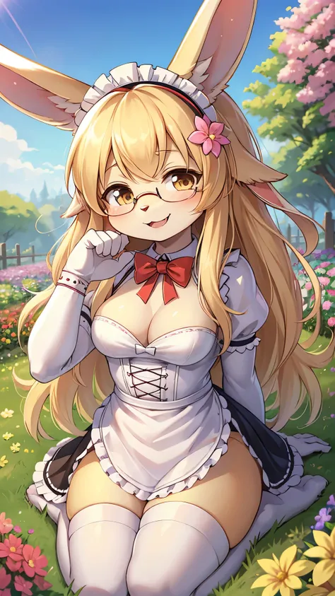 rabbit girl,yellow long hair wavy hair,rabbit ears,rabbit tail,glasses,maid outfit,maid headdress,white glove,white stocking,ribbon bowtie,looking at viewer,flower garden,smile,happy face,hand at face,upper body only