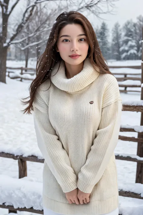 (masterpiece:1.35),(best-quality:1.4),8k,ultra-detailed,photography,(ultra-realistic:1.4), adult girl, long hair, sweater, snowing background,