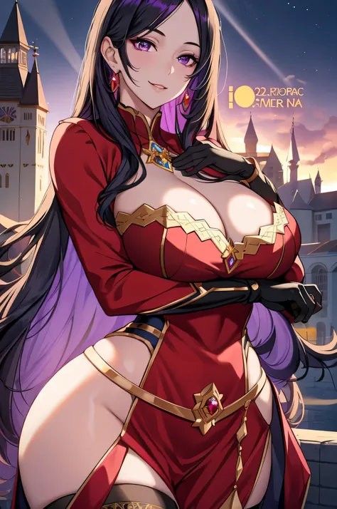 Lian, long black hair, hair stick, black clothes, bangs, violet eyes, solo, smiling, standing, upper body, hips, bare shoulders,purple thighhighs,red dress, gold jewelry,armor,gloves,circlet, cleavage, red and gold royal castle, gigantic breasts, (best qua...