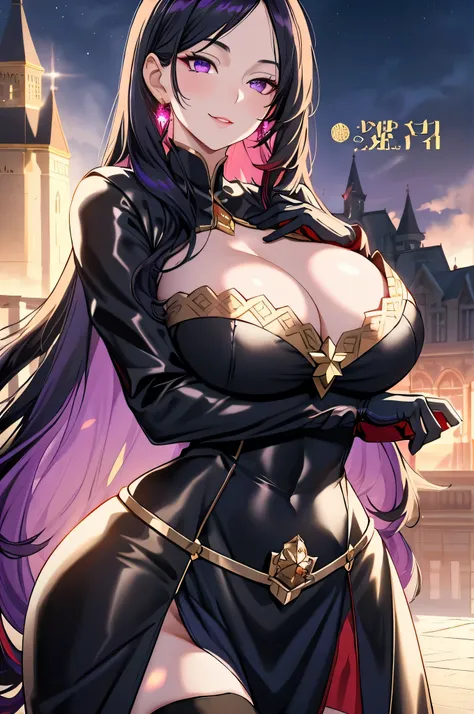 Lian, long black hair, hair stick, black clothes, bangs, violet eyes, solo, smiling, standing, upper body, hips, bare shoulders,purple thighhighs,red dress, gold jewelry,armor,gloves,circlet, cleavage, red and gold royal castle, gigantic breasts, (best qua...