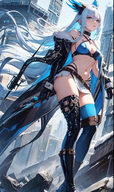 Abandoned winter industrial town background,(pure white straight hair：2.0),(blue cu rlhair end:2.0)issue card,Standing close-up,dream world,scars on face,(Slender blue phoenix eyes,pink lipstick,long eyelashes),Gloves,Short sword,choker,(Assassin&#39;s Tig...