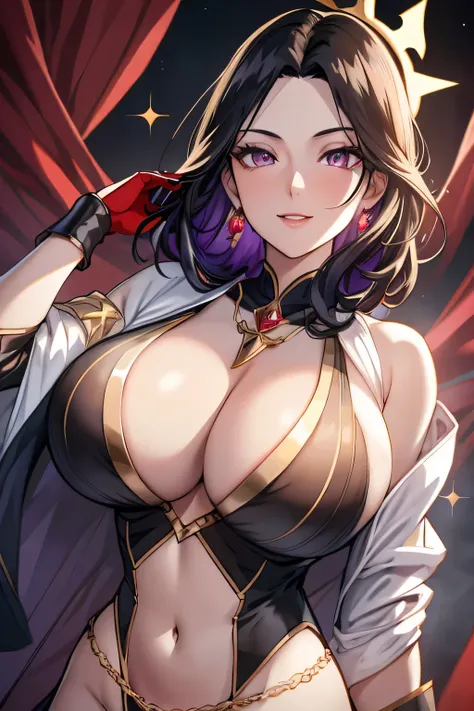 Lian, long black hair, hair stick, black clothes, bangs, violet eyes, solo, smiling, standing, upper body, hips, bare shoulders,purple thighhighs,red dress, gold jewelry,armor,gloves,circlet, cleavage, red and gold royal castle, gigantic breasts, (best qua...