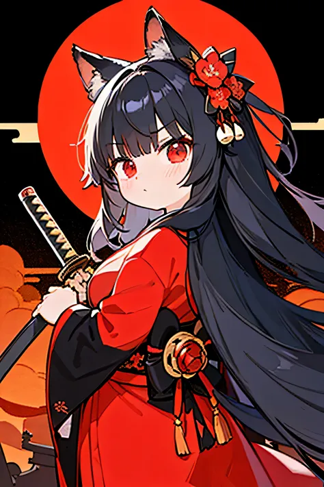 long black hair、M-shaped bangs、Intake Hair、fox ears、black kimono、red floral pattern、red eyes like a beast、red ribbon and bell hair ornament、Hold the Japanese sword facing forward.、serious face、shrine background