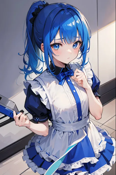 1girl, medium hair, ponytail hair, blue eyes, blue hair, wearing maid outfit, looking at viewer, full body, cleaning, simple background, high res, ultrasharp, 8k, masterpiece, mature face