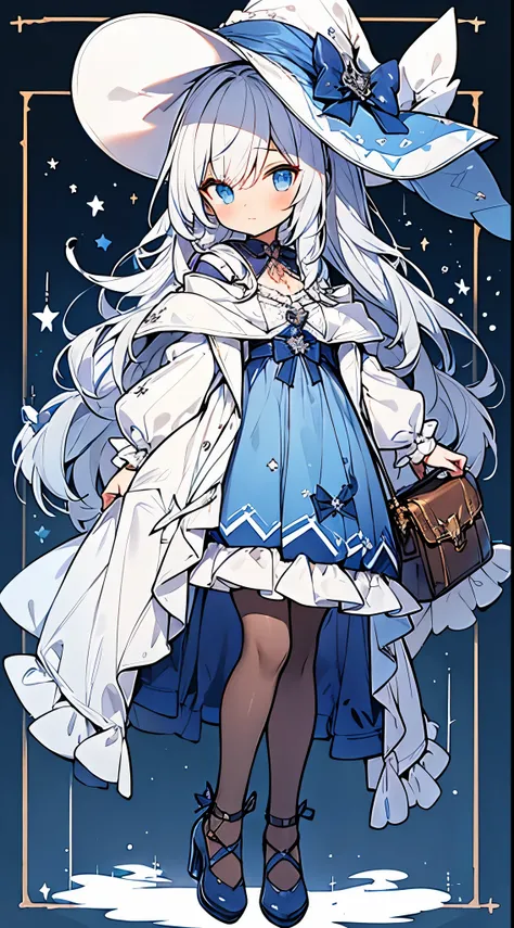 1boy,solo,Beautiful boy cross-dressing,cute face,
boy dressed as cute girl,boy cuter than girl,
silver long hair,blue eyes,blue ribbon,witch-boy,
blue high heels,frilly hat,pattern print tights,
witch bag,frilly white coat,frilly clothes,