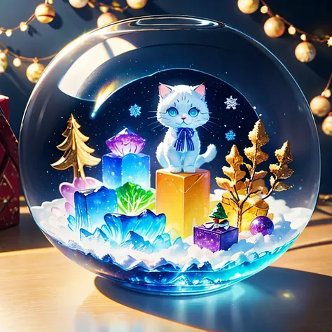 (la best quality,high resolution,super detailed,actual),little girl holding jelly cat，in the room，smiley face，christmas decorati...