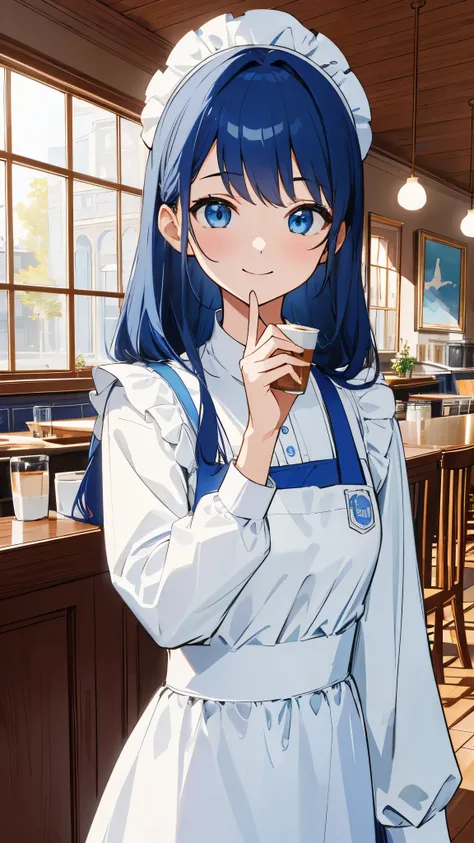 masterpiece、highest quality、High resolution、very detailed、detailed background、1 girl、white blouse、blue skirt、upper body up、dark blue hair、blue eyes、smile、Apron appearance、((indoor、morning、Cafe))、sharp outline