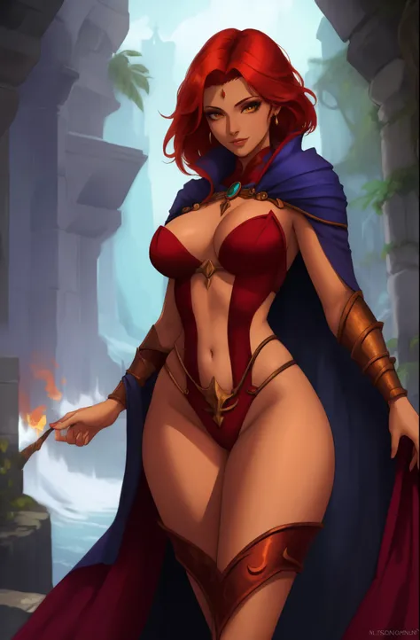 Fantasy Female sorceress, fiery red hair, latina, dark skin