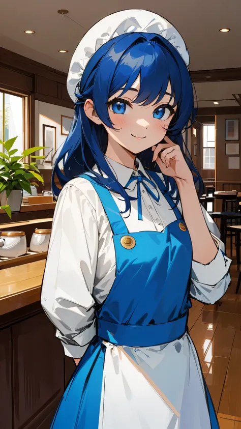 masterpiece、highest quality、High resolution、very detailed、detailed background、1 girl、white blouse、blue skirt、upper body up、dark blue hair、blue eyes、smile、Apron appearance、((indoor、morning、Cafe))、sharp outline