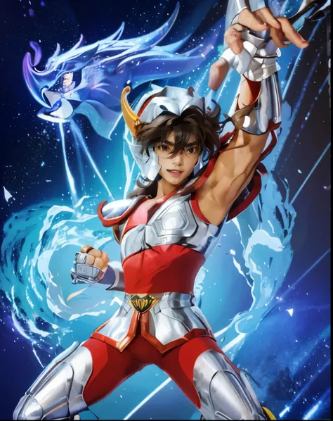 raw- photos, masterpiece :1.2, realisticlying, photograph realistic : 1.4, handsome man as seiya making pose as saint pegasus, 8...