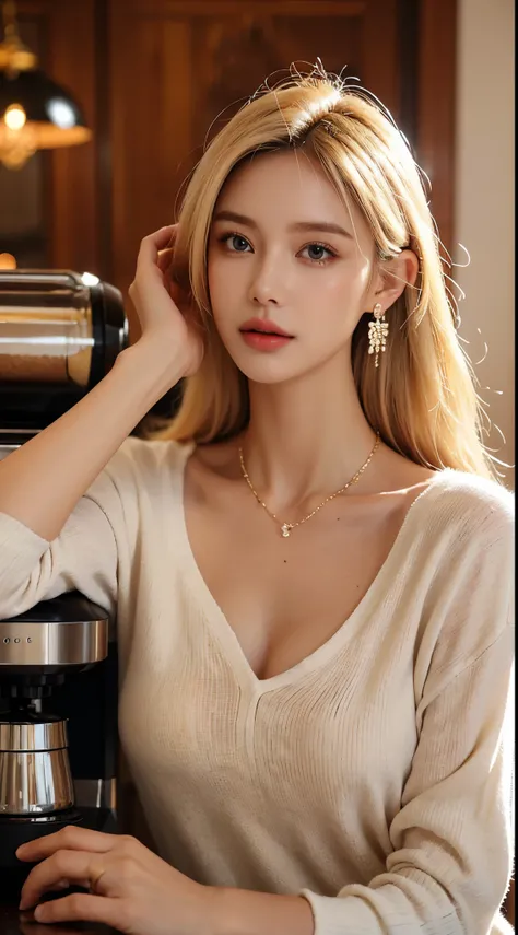 (raw, top quality),Coffee Shop, A young and beautiful blonde woman pouring coffee, ample chest, soft lighting, warm ambiance, earrings, urban and sophisticated woman, shining hair, sleek hairstyle, detailed and stylized