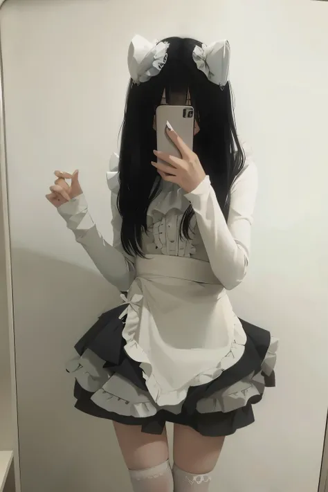 A woman takes a selfie in the mirror, witch clothes, clothing photos, frilly clothing, half Body photo, 17 year old anime goth girl, full Body!!, y 2 k cute core clown core, pale goth beauty, full_Body!!, multi-layer clothing, gothic clothing, fantasy cost...