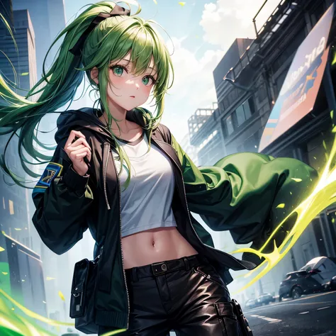 Girl with light green, light green hodie, dark green hair ponytail, balck long pants, the left hand into the hodie pocket and the right hand holds shotguns, and lo ok viewer