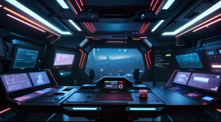 close-up of a control room with several monitors and a laptop, interior of an alien spaceship, dentro de uma nave espacial, dentro de uma nave espacial, sci - fi interior, interior de nave espacial de alta tecnologia, interior da nave espacial, detailed in...