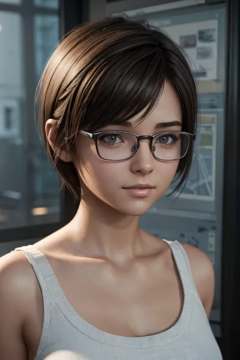 pencil sketch. short hair, cute girl 15 years old wearing glasses with metal frames, small breasted. photorealism. unreal engine. 3D model. Ultra high quality textures