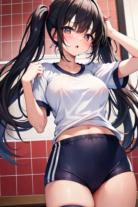 masterpiece、best image quality、ultra high resolution、teen schoolgirl with big tits、twin tail hairstyle、black hair、sweating、red face、shyly、mock、Open your mouth just a little、Sweaty white short-sleeved gym uniform of a teenage schoolgirl、Beautiful nipples fa...