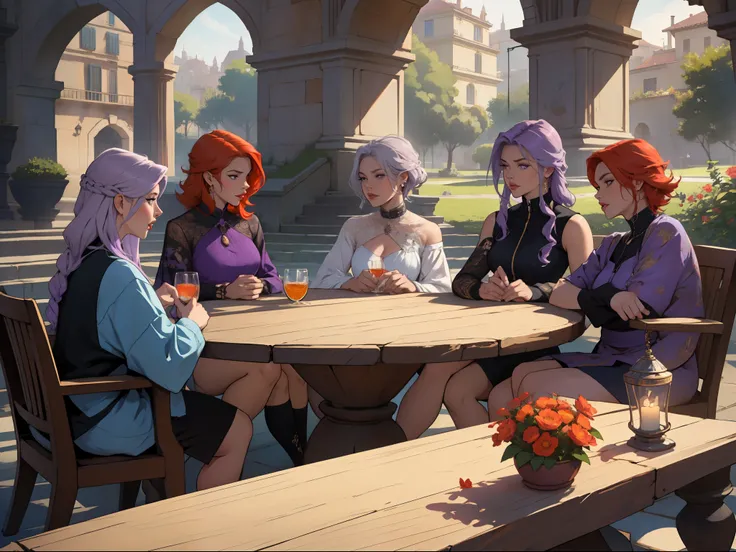 a group of 45 year old ladies, one with purple hair, the other with silver hair, the other with orange hair and the other with red hair., estan conversando hablando pero esta tensoelambienteson rivales discuten temasdelicados tienen cabello corto