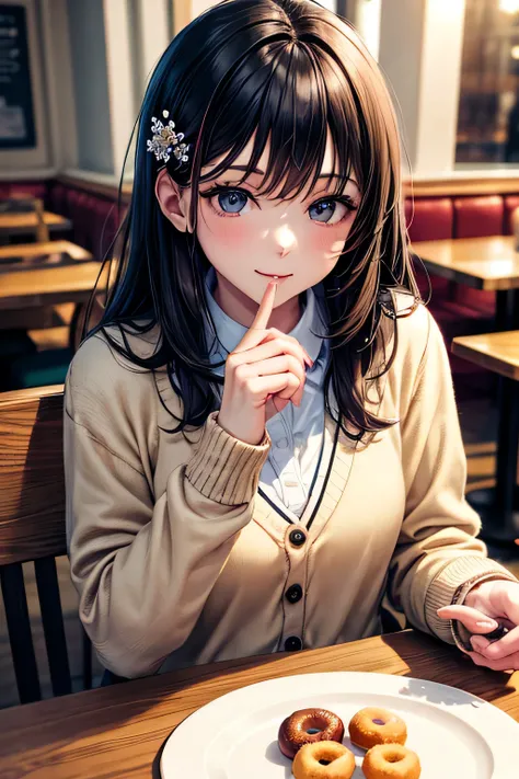 Very cute and beautiful girl sitting on a chair in a restaurant,(very detailed美しい顔),
white blouse,smile,(beige cardigan:1.2) BREAK dynamic angle,hair ornaments,black hair,black pleated mini skirt,
wooden table,(cup of tea),(donuts on a plate),some people a...