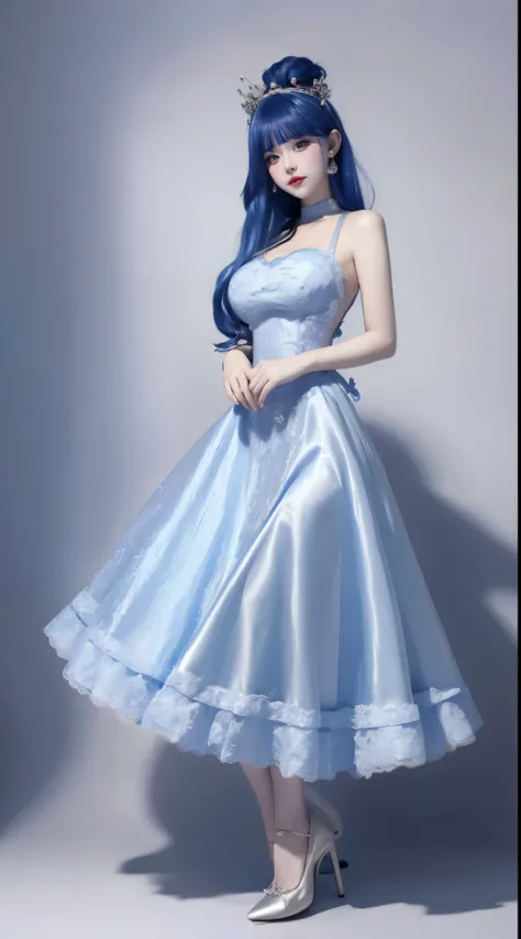 8k, Surreal, masterpiece, best quality, Super detailed, high resolution, random background, 1個Giant Breast Girl, (:1.5), Willow Yao, blue dress，whole body，High heel，whole body，blue hair，blue wedding dress