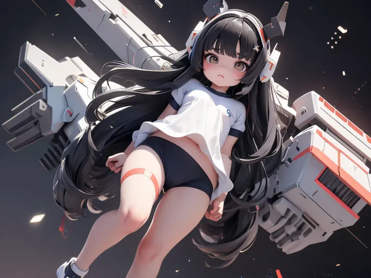 (highest quality)), ((masterpiece)), (very detailed: 1.3), 3D, {(1 young girl)}, (wear navy buruma and white gym uniform with colored hem under armor:1.2), (black hair:1.5), wears a futuristic Gundam mecha,(heavy armored Gundam), with headgear, with v-fin ...