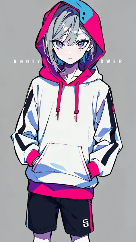 (masterpiece, highest quality:1.6), alone, thick outline, (simple background, Dark gray background, monochrome, dull pink theme:1.2), official art, Key Visual, 8k, confused, whole body, (unique hair, oversized hoodie, hot pants, wearing a hood, arch back, ...