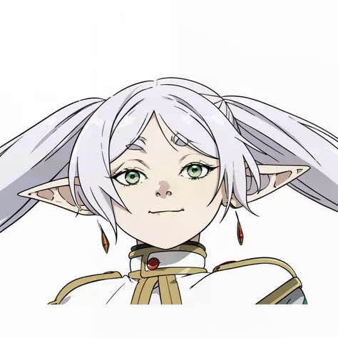 anime character with long white, white haired deity, official character art, jrpg character art, best anime character design, official art, frieren, long hair, twintails, (green eyes:1.5), grey hair, pointy ears, elf, red earings, smiling, smirk,