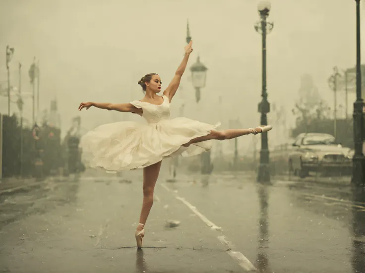 still from the film, a ballerina in a white satin dress dances in the rain on an asphalt road near a lamppost, genre - drama, we...