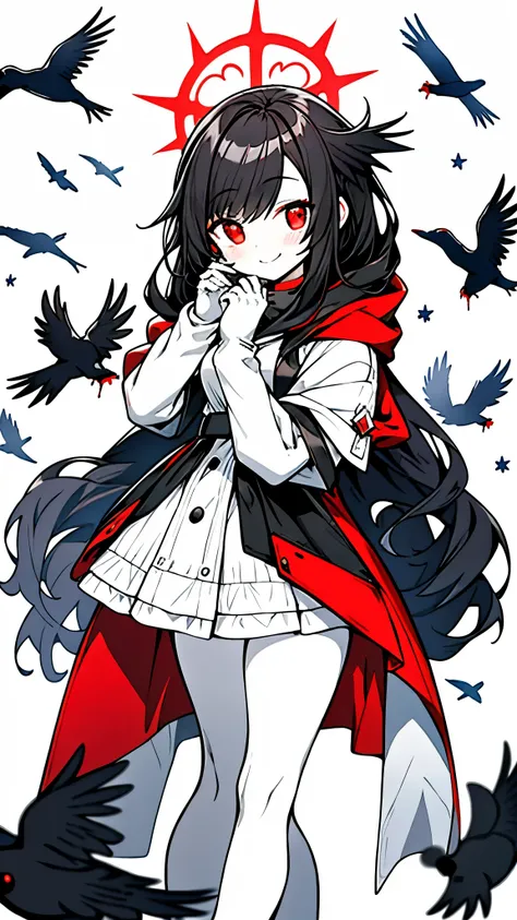 （（masterpiece：1.4，best quality））+，（Super detailed）+，（super detailed eyes）+，（white腿環：1.5），black crow
（cute girl），15 years old，（red eyes：1.15），black hair，long black hair，（changes through：1.2），pale skin，cold，Smile，一個誘人的Smile
（She wears a gray hooded trench co...