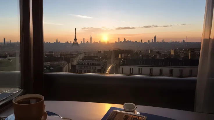 Cityscape with a cup of coffee and a book, author：Etienne Draisaitl, author：Raphael Colin, Paris, cinematic Paris, in the foreground Paris, Eiffel Tower view, Paris city, bokeh Paris in background, Paris hotel style, Fabian Charrouo, author：Vincent Lefebvr...