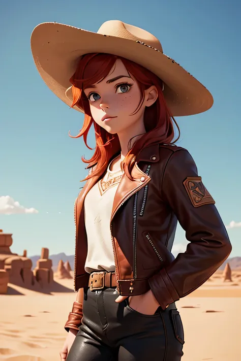 cowboy，a girl，cowboy hat，leather jacket，Red hair，Caucasian，freckle，beautiful，desert，Horizontal light and shadow，disney style，masterpiece, best quality,, Maximum details, intricate details, very clear