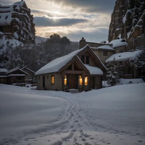 Hyperrealistic christmas landscape photo of a Matera covered with snow in the ethereal mist, where fairytales come alive, people singing christmas carols, christmas tree, street lanterns, few houses with illuminated windows, smokey chimneys, Trapped within...