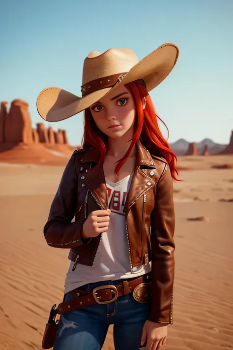 cowboy，a girl，cowboy hat，leather jacket，Red hair，Caucasian，freckle，beautiful，desert，Horizontal light and shadow，disney style，masterpiece, best quality,, Maximum details, intricate details, very clear