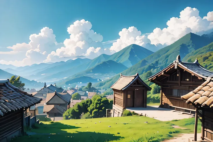 A village,blue sky,Mountain