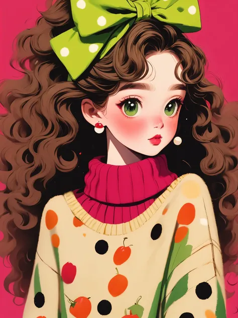 (masterpiece, best quality:1.2),1 beautiful girl，Exquisite facial features，Skin detail processing，The eyes are very detailed，fine hair，fluffy hair，long hair，curls，bow headband，Loose and slouchy sweater，Geometric patterns，Sweater details，hairy，Warm，skirt，Re...