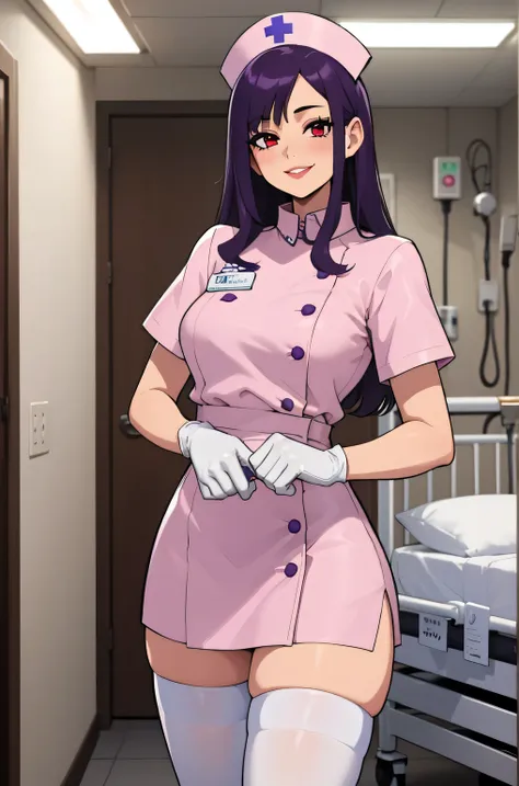 1 female, alone, nurse, nurse cap, white clothes, ((white legwear, zettai ryouiki)), white gloves, long hair, purple hair, red e...