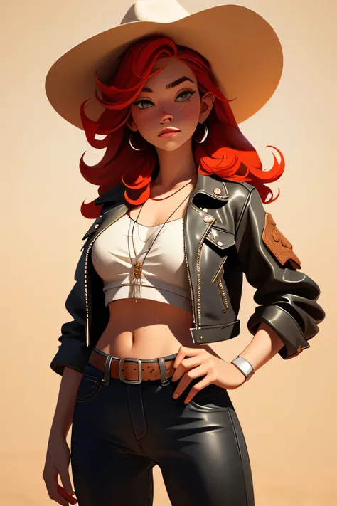 cowboy，a girl，cowboy hat，leather jacket，Red hair，Caucasian，freckle，beautiful，desert，Horizontal light and shadow，disney style，masterpiece, best quality,, Maximum details, intricate details, very clear