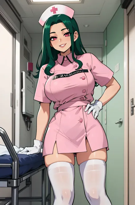 1 female, alone, nurse, nurse cap, white clothes, ((white legwear, zettai ryouiki)), white gloves, amount, long hair, green hair...