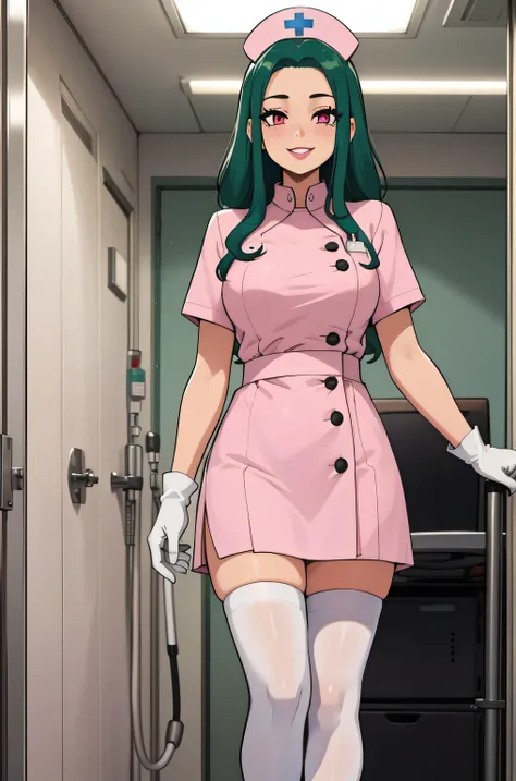 1 female, alone, nurse, nurse cap, white clothes, ((white legwear, zettai ryouiki)), white gloves, amount, long hair, green hair, pink eyes, pink lips, smile, Are standing, ((hospital room)), sharp outline, short sleeve, mature woman, 35 years old, highest...