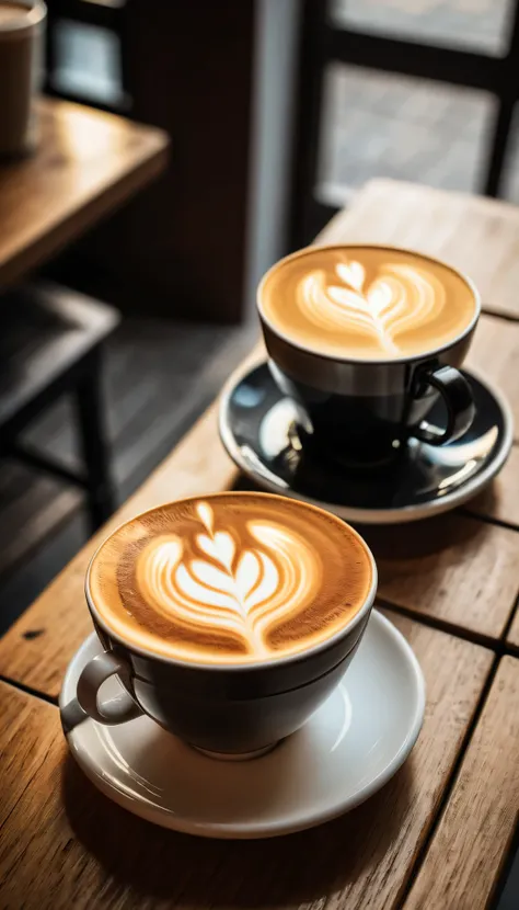 three cups of latte coffee on wooden table,黑色去光的coffee cup盤． neatly arranged in vertical lines．☕ on the table, （（gradient blur．f...