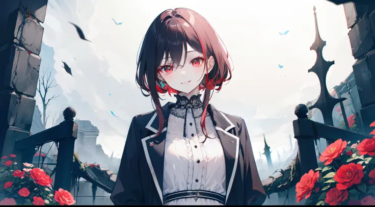 "4k, deep dark ruin without light, theres a elegant mature woman, with black tied hair, closes red eyes, wears elegant black casual dress and coat, she look cool, she have red flower on her side hair, smile warmly"