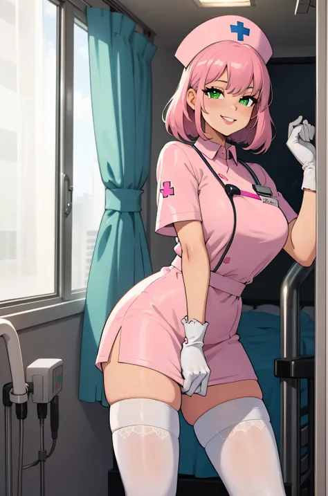 1 female, alone, nurse, nurse cap, white clothes, ((white legwear, zettai ryouiki)), white gloves, pink hair, green eyes, droopy eyes, pink lips, smile, Are standing, ((hospital room)), sharp outline, short sleeve, mature woman, 32 years old, highest quali...