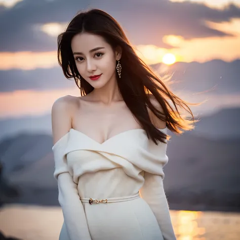 ((top quality、8k、​Masterpiece:1.3))、Extremely delicate and beautiful girl，full-body shot，huge breasts，bigger breasts，amazing breast size，H cup，sweater，sunset，sunset。Wear big earrings，Very white skin，moist red lips，happy smile，Waist is very thin，Thighs are ...