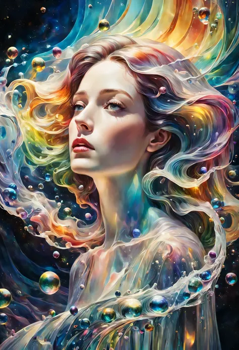 color drawing of a beautiful young woman., mysterious waves at night. 3d. rainbow colors. the melting beauty of the universe. su...