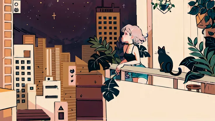 Illustration of a woman looking at the night city from the window, lofi girl, lo-fi illustration style, Lofiato, Lofiatostyle, lo fi art, Fan art of urban girls, lofi girl aesthetic, calm night. digital illustration, girl sitting on a rooftop, on the roof,...