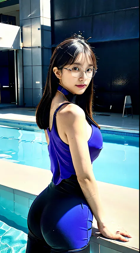 (blue violet colored competitive swimsuit:1.3), (very simple one-piece designed competitive swimsuit:1.4), (realistic black  pantyhose under her swimsuit:1.5), (huge breasts:1.8), (large buttocks:1.8), (extremely beautiful shaped buttocks:1.2), (raised bul...