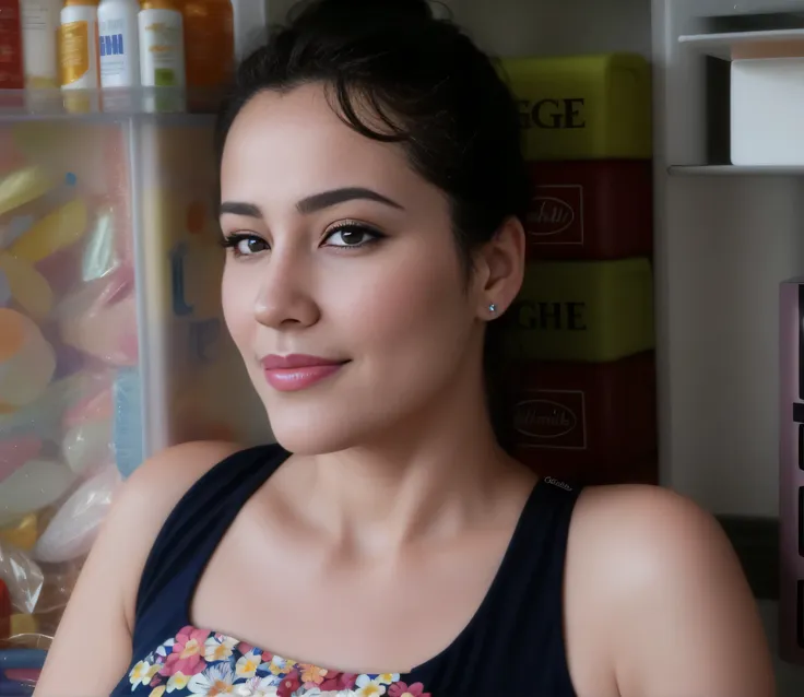 there is a woman sitting in front of a refrigerator, photographic portrait. mulher com pele branca e cabelos escuros. ela tem ce...