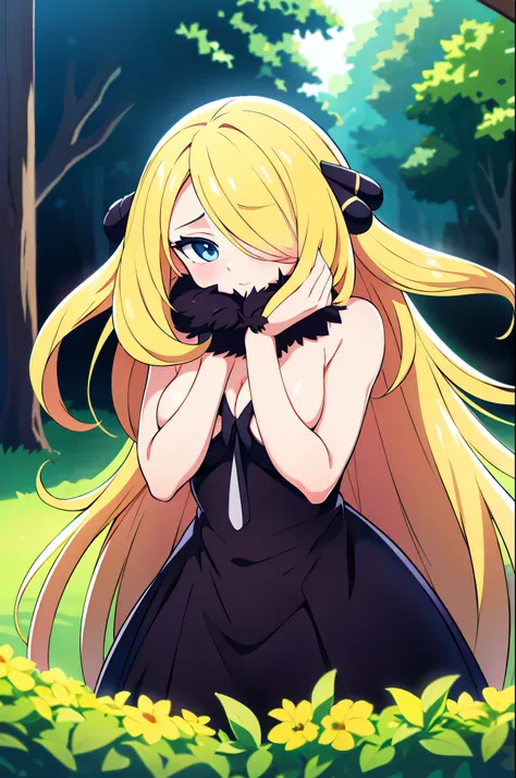 (best quality:1.2, ultra-detailed:1.2), naked Cynthia, blonde tousled hair, seductive gaze, hair sensually covering one eye, delicate hair accessory, confident pose, vibrant colors, Pokémon-inspired surreal garden, magical atmosphere, ethereal lighting, so...