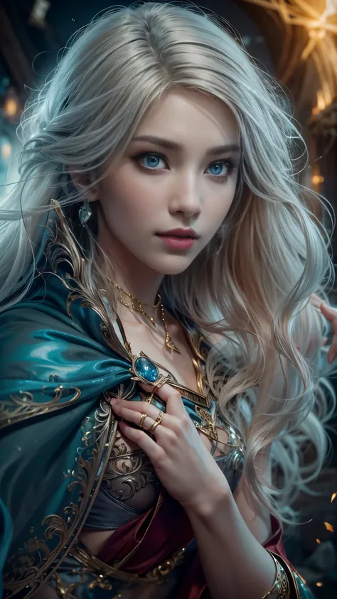 (RAW shooting:1.5, Photoreal:1.5, 8k, highest quality, masterpiece, ultra high resolution), magical world, perfect dynamic composition, Mysterious:1.3, Highly detailed skin and facial textures:1.3, Cute and sexy slim female wizard, beautiful and aesthetic,...